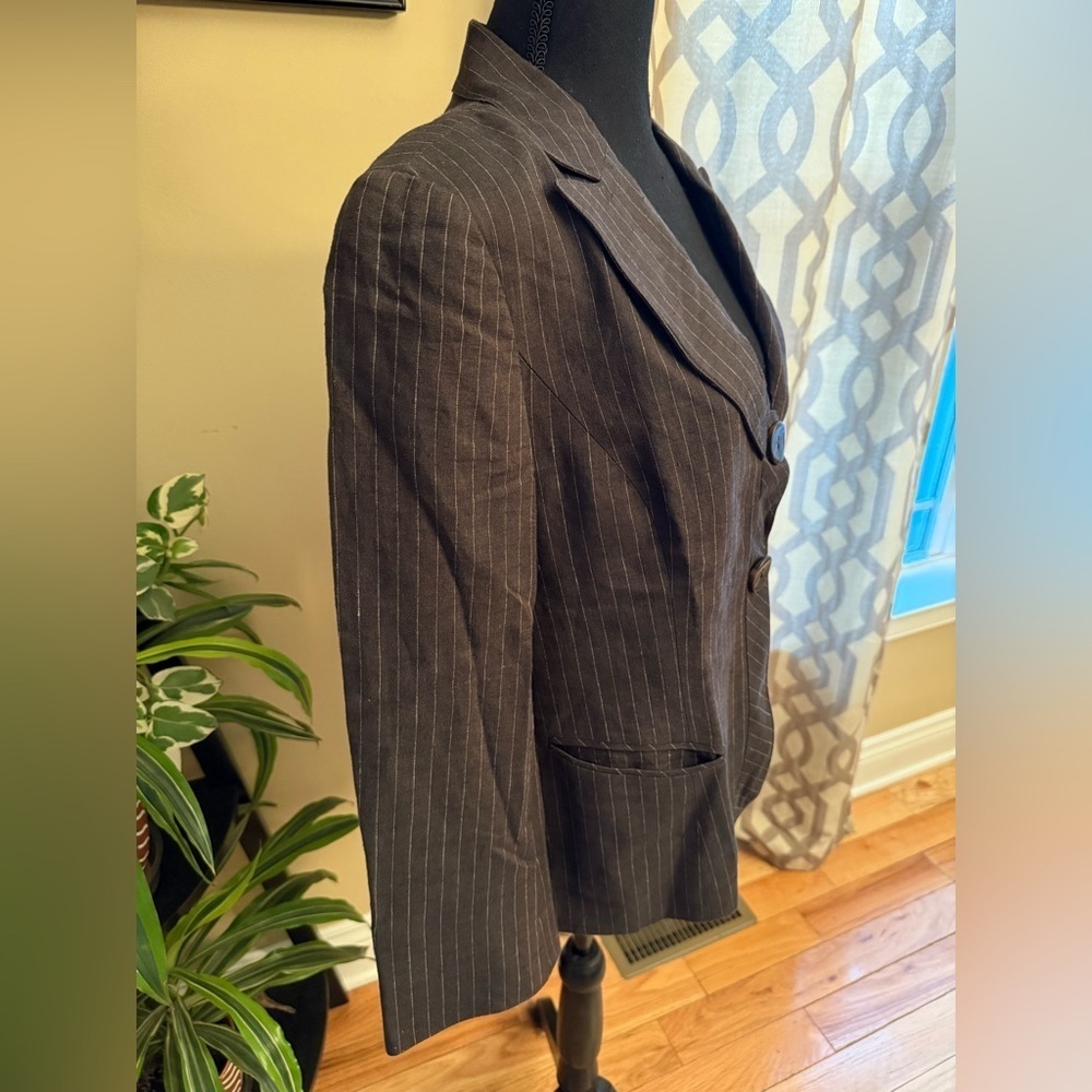 Lafayette 148 Blazer Brown Pinstripe 100% Linen 2 Button Career Jacket Women 10 - Picture 3 of 13